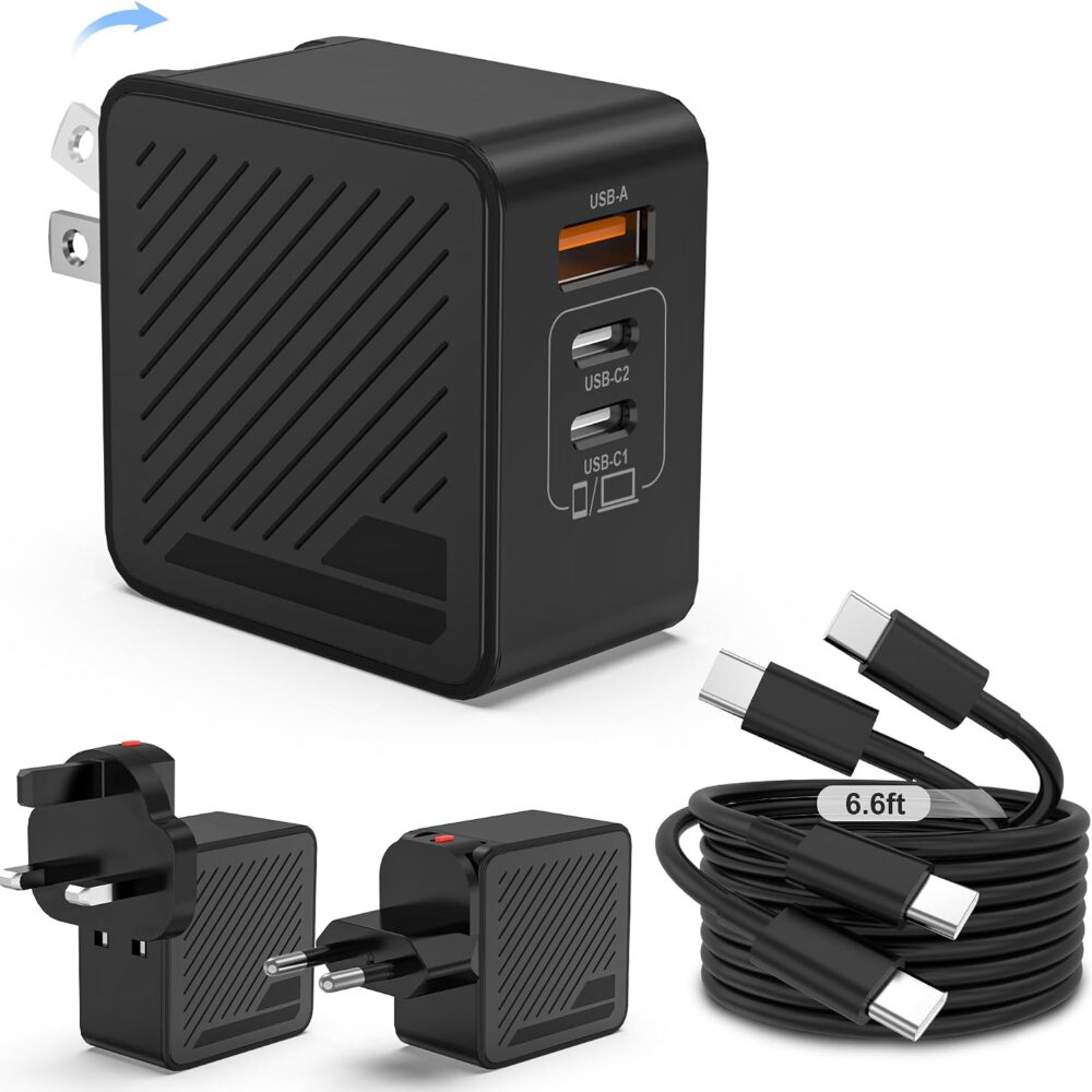 65W GaN Wall Charger USB C, Foldable Plug Travel Adapter Charger with UK EU Plugs & 2 Pack Type C Cables, for iPhone17/16/15, MacBook Pro/Air, iPad, Airpod