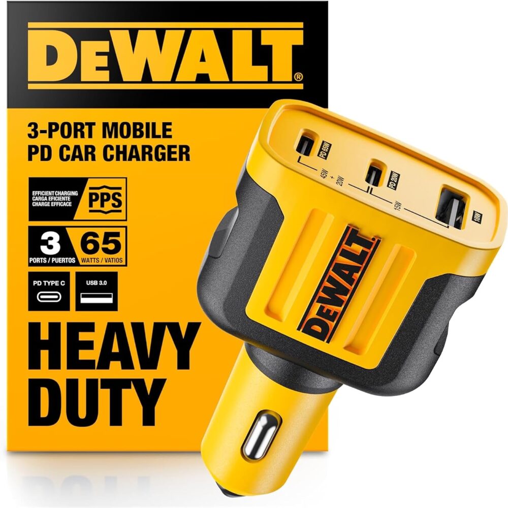 DEWALT 65W PD 3-Port Car Charger – USB-C PPS Fast Charging | Adapter for Laptops, Phones & Tablets, Dual USB-C + USB-A Ports, 65W Total Output for Efficient Type C + USB Multi-Device