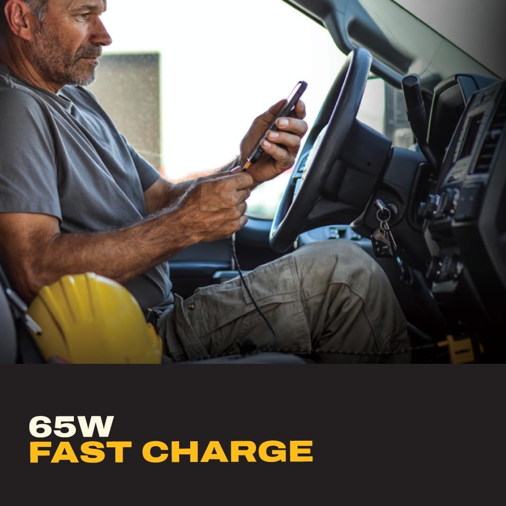 DEWALT 65W PD 3-Port Car Charger – USB-C PPS Fast Charging | Adapter for Laptops, Phones & Tablets, Dual USB-C + USB-A Ports, 65W Total Output for Efficient Type C + USB Multi-Device - Image 4