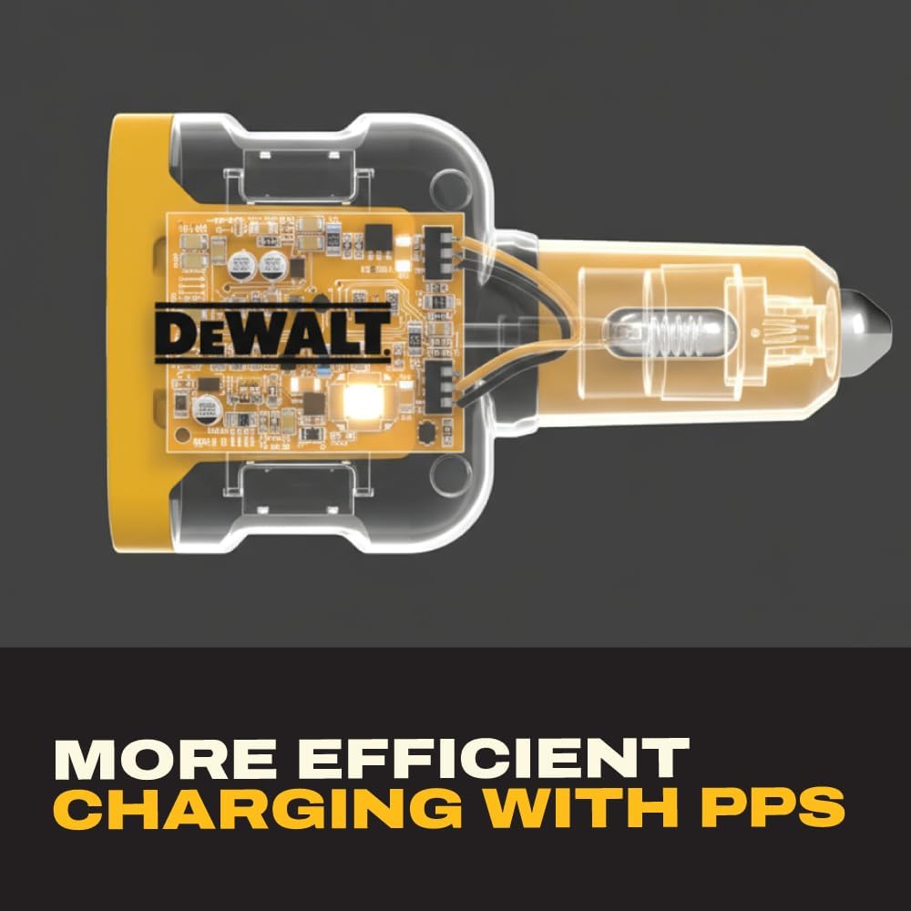 DEWALT 65W PD 3-Port Car Charger – USB-C PPS Fast Charging | Adapter for Laptops, Phones & Tablets, Dual USB-C + USB-A Ports, 65W Total Output for Efficient Type C + USB Multi-Device - Image 6