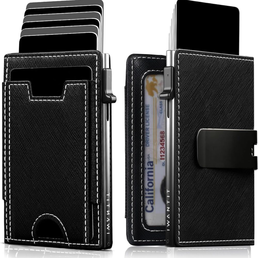 iwantit Slim Wallet for Men Card Holder: Minimalist RFID Blocking Wallet for 8-10 Cards - Smart Pop Up Card Case with Detachable Money Clip - Premium Leather Cardholder, Gift Boxed (CrossGrain Black)