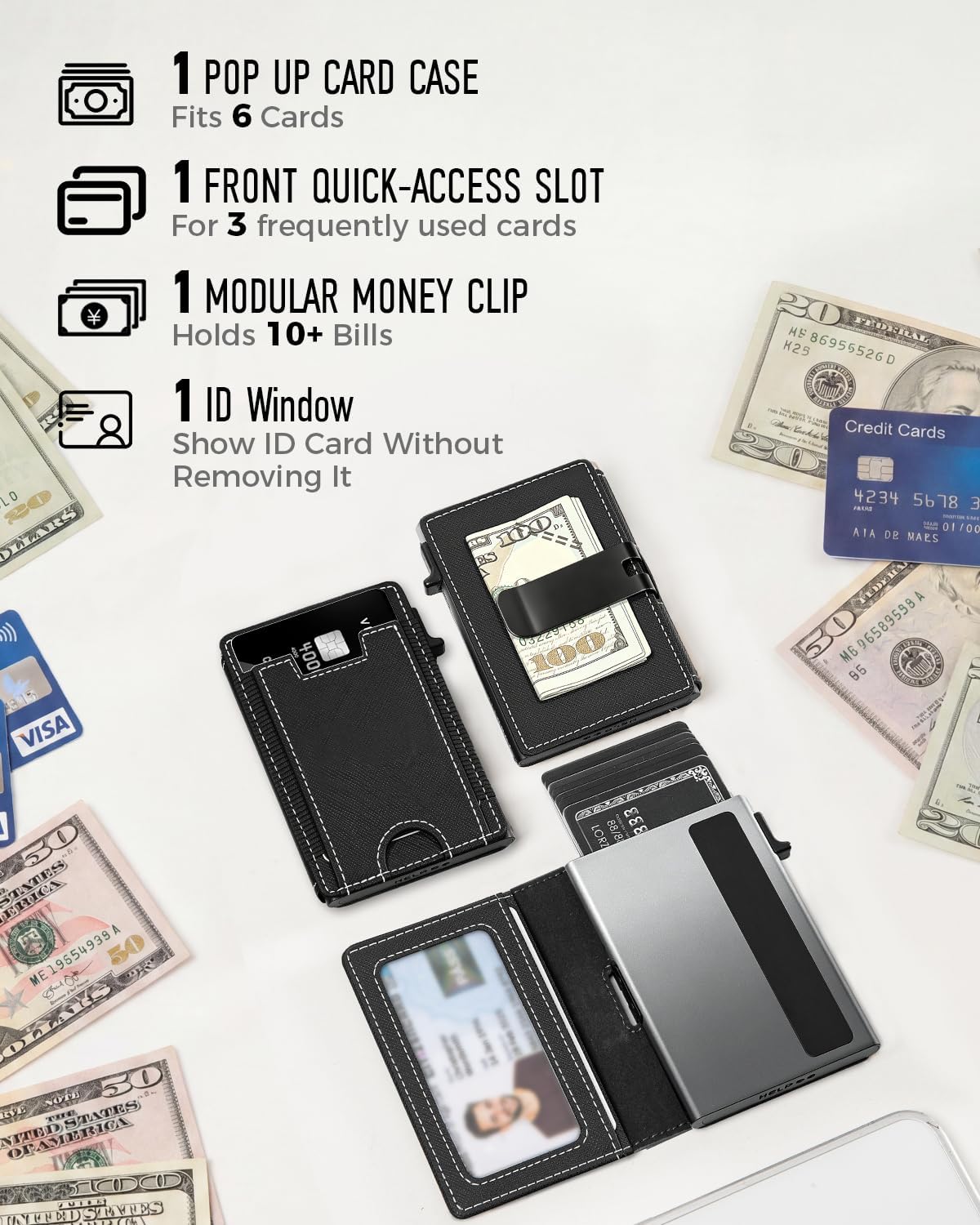iwantit Slim Wallet for Men Card Holder: Minimalist RFID Blocking Wallet for 8-10 Cards - Smart Pop Up Card Case with Detachable Money Clip - Premium Leather Cardholder, Gift Boxed (CrossGrain Black) - Image 6