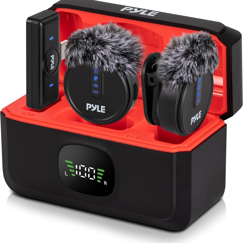Pyle Wireless Lavalier Microphone System | Noise-Canceling Clip-On Mic with Magnetic Mount, 8H Battery, Charging Case, Windscreens | USB-C Plug & Play for Vlogging, Interviews, Streaming & Podcasts