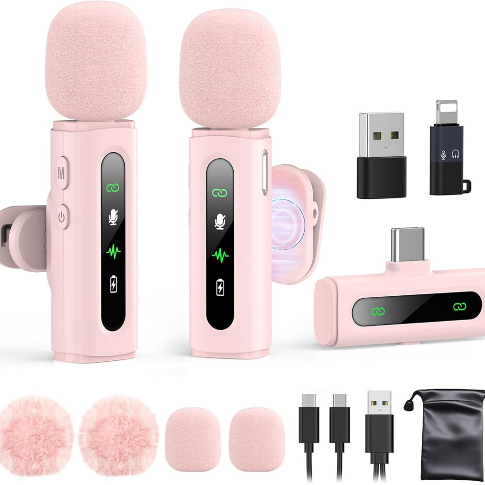 USB C Lavalier Microphone Wireless Mini Mic for Type-C Android Phone/Tablet/PC Video Recording Clip-on Mics with Rotatable Clip&Denoise Recording, Ideal for Vlog Tiktok Youtube Content Creator, Pink